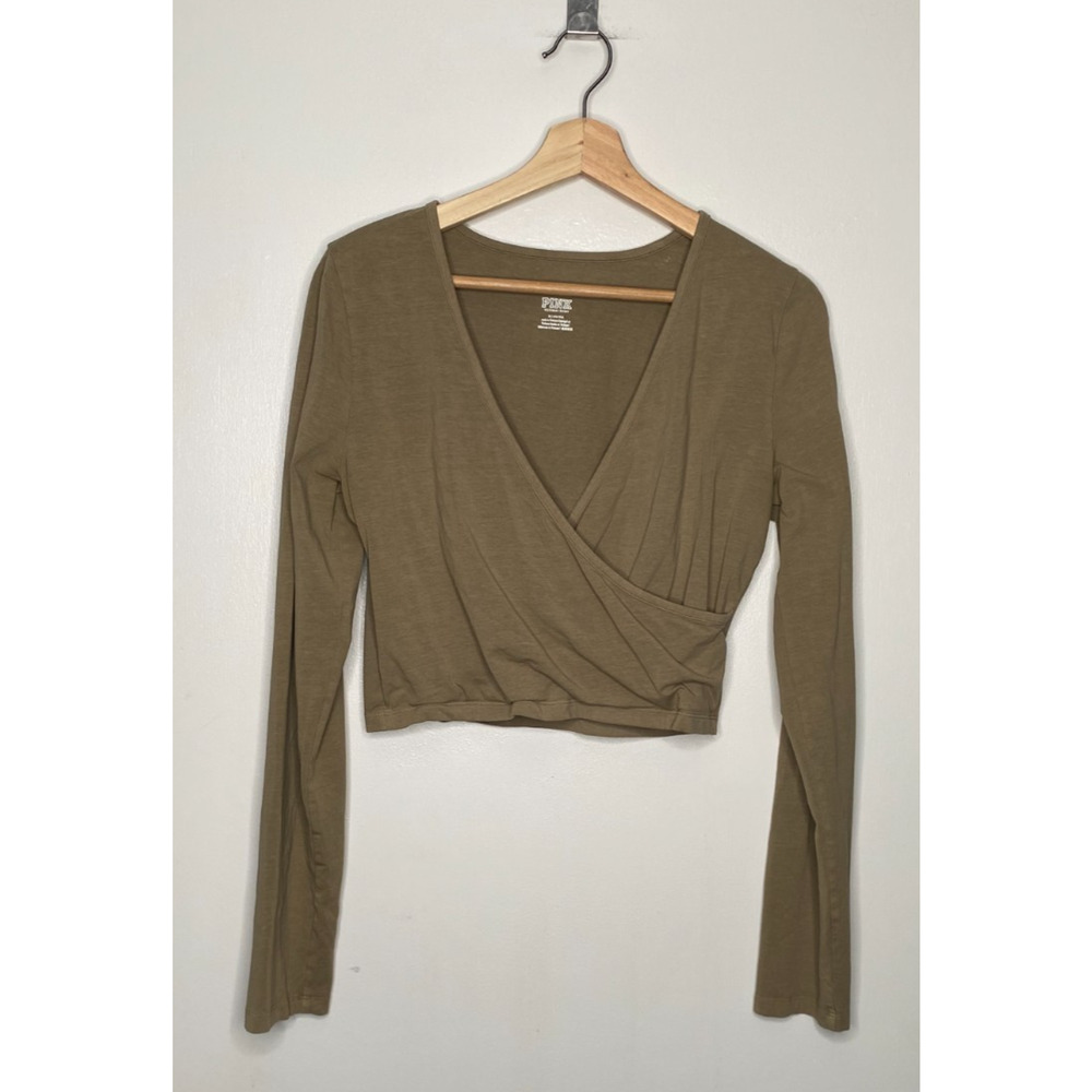 Victorias Secret PINK Crop Top – Size M – Beige – Cotton Blend – Crossover Front